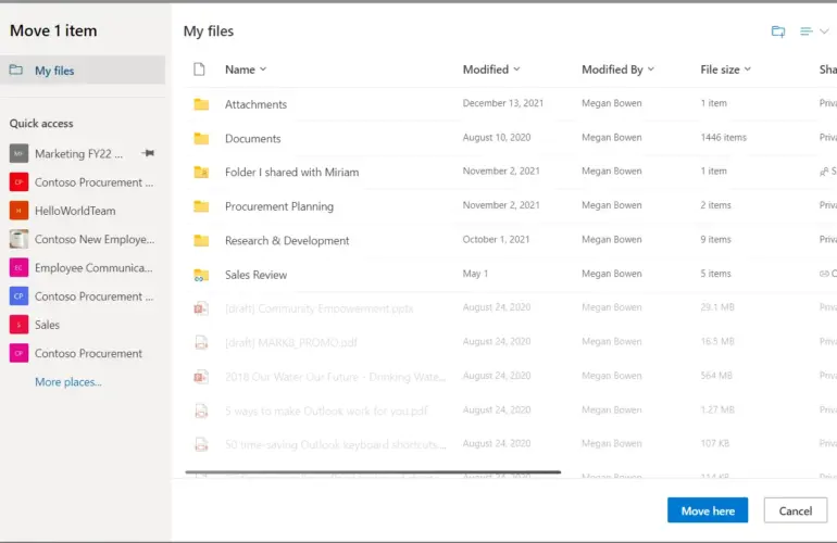 Microsoft OneDrive file-move dialog showing personal files and SharePoint team-site destinations
