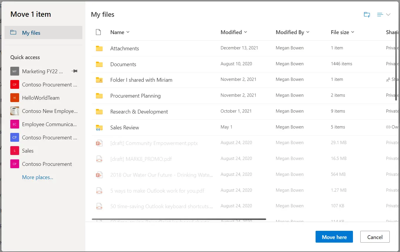 Microsoft OneDrive file-move dialog showing personal files and SharePoint team-site destinations