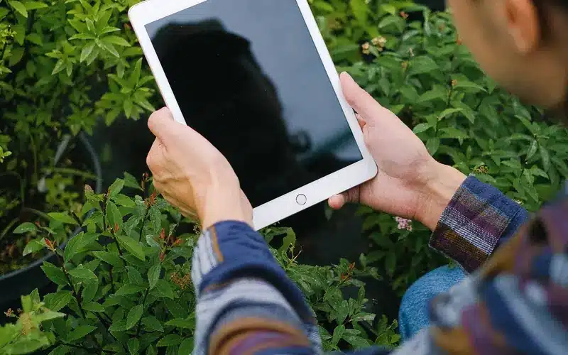 Horticulture worker using a tablet to manage agricultural information