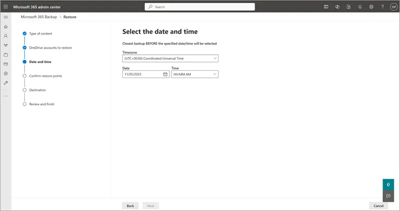 Microsoft 365 Backup screen for selecting a OneDrive restore date and time