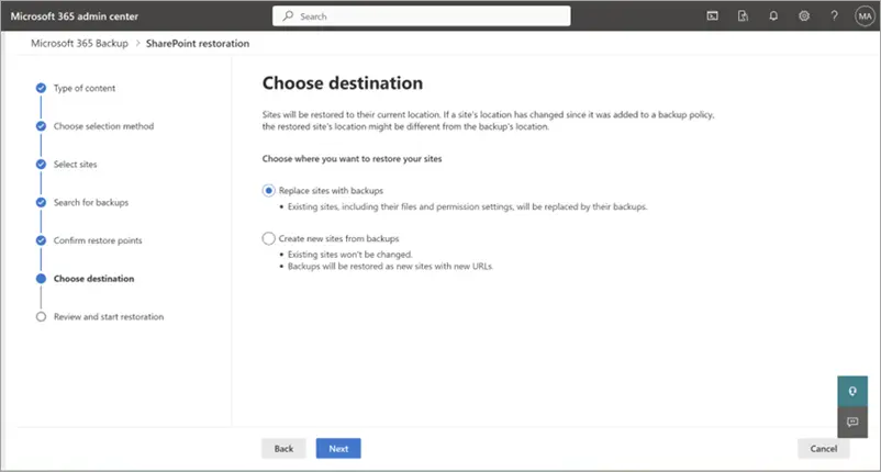 Microsoft 365 Backup SharePoint restore options for replacing sites or creating new sites