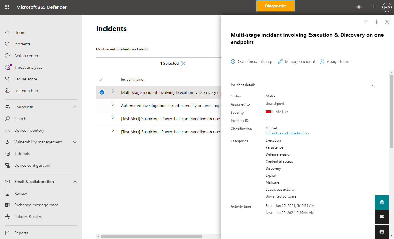 Microsoft Defender example incident details and affected devices