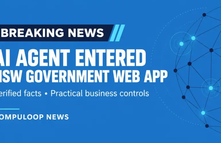 Blue Compuloop News banner reading: Breaking News — AI Agent Entered NSW Government Web App — Verified facts and practical business controls