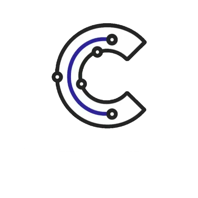 Square Compuloop logo, symbol above the full name in white, for dark backgrounds