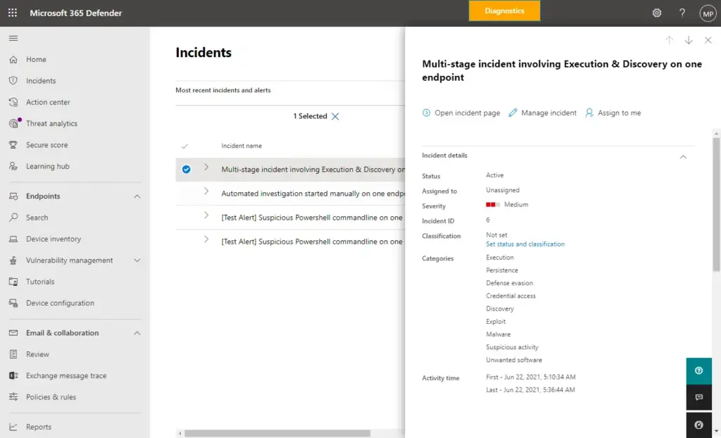 Microsoft Defender incident-management screenshot showing example status, severity and assignment fields.