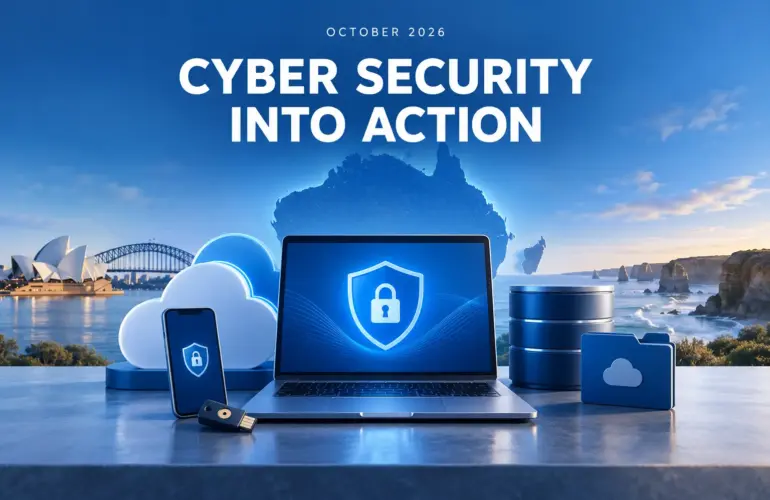 October 2026 cyber security action illustration with a laptop, security key, phone and protected data against an Australian backdrop.
