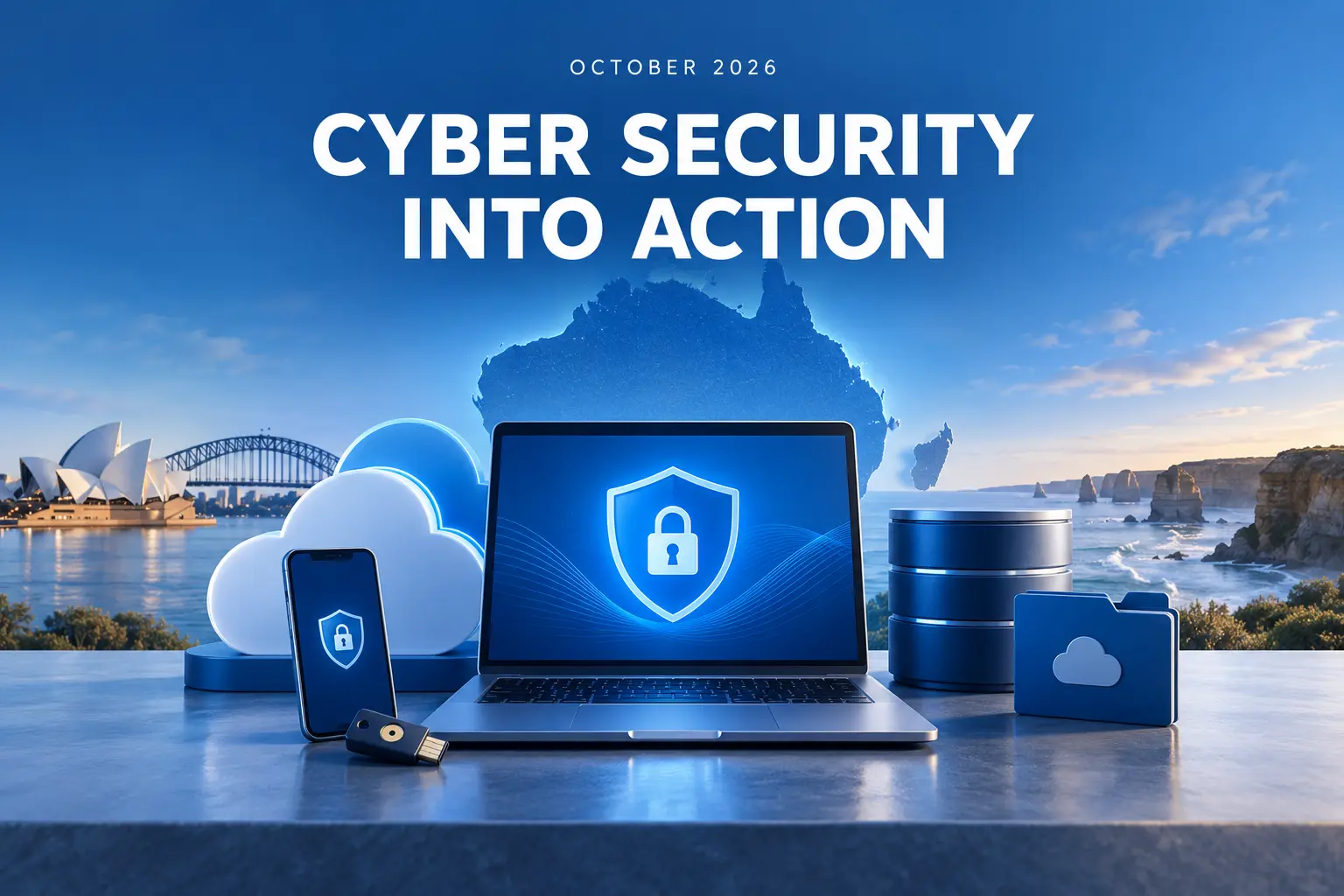 Cyber Security Month illustration with a laptop, security key and protected cloud data against an Australian backdrop.