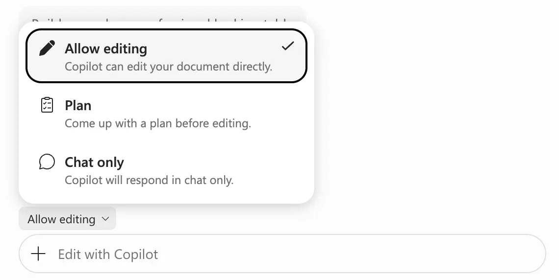 Microsoft 365 Copilot in Excel showing options to allow editing, plan first or use chat only