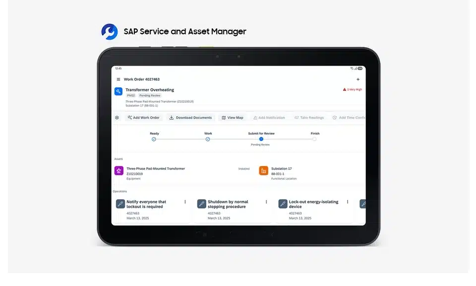 Samsung Galaxy Tab Active5 Pro displaying SAP Service and Asset Manager