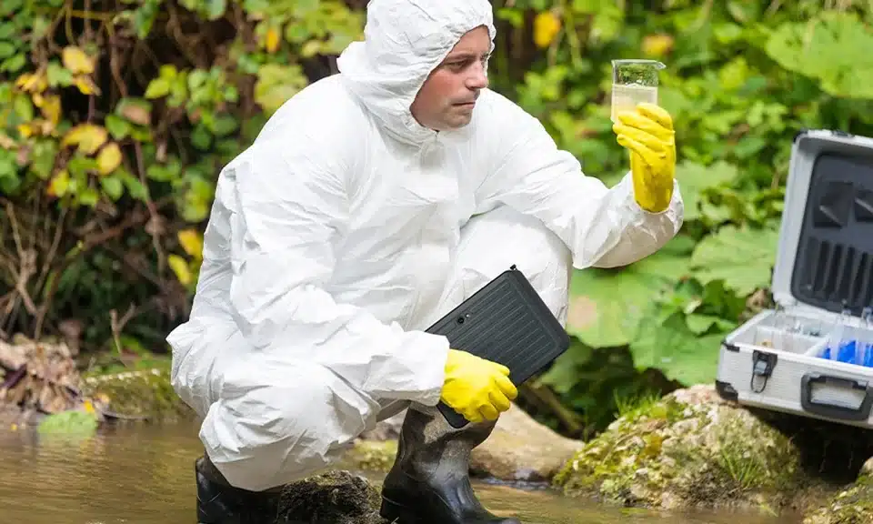 Field scientist using a rugged Samsung tablet beside water while wearing protective equipment