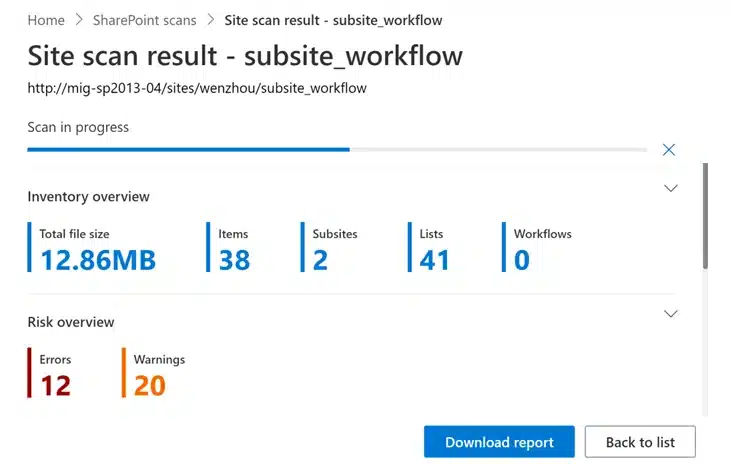 SharePoint Migration Tool dashboard showing content inventory and migration risks